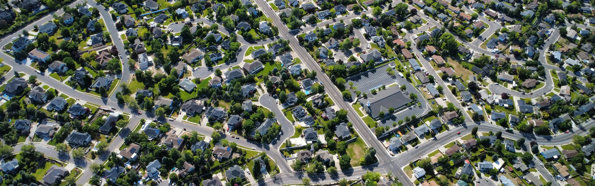 Wide angle drone panoramic view of an Ottawa residential community layout