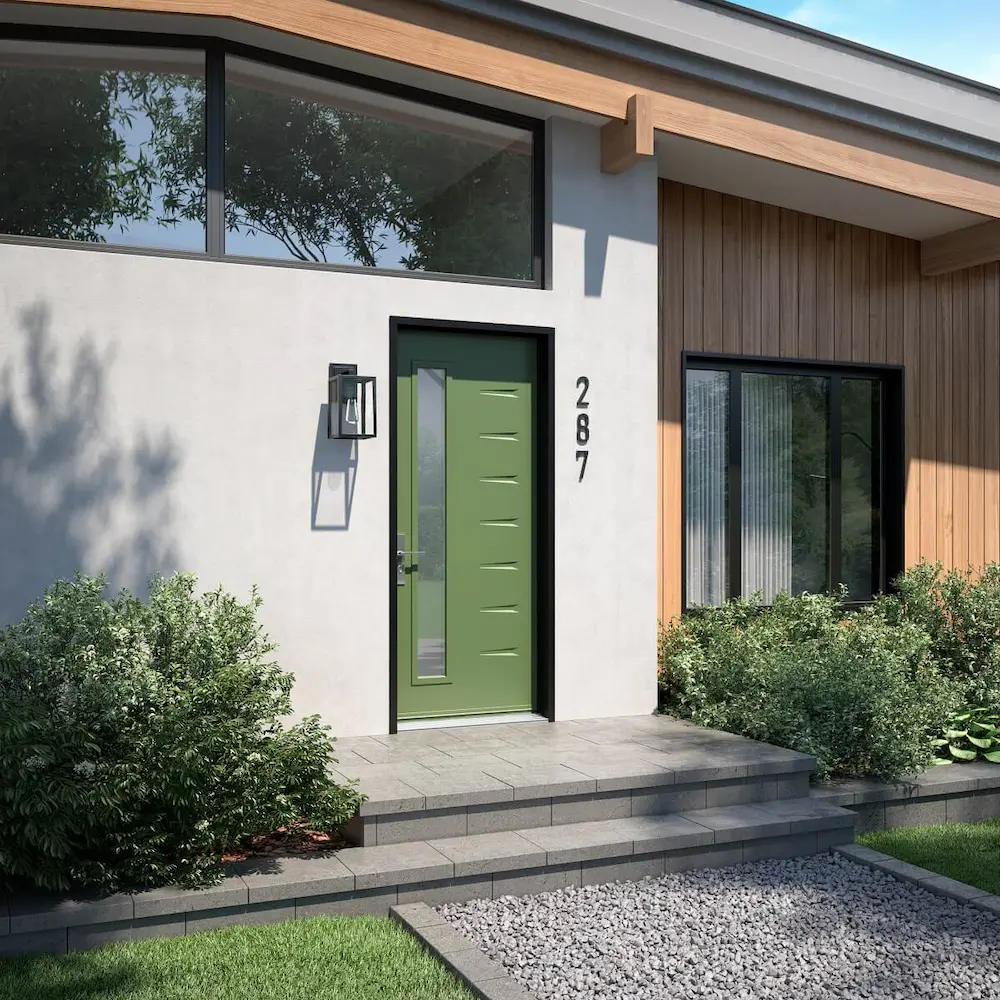Fiberglass entry door installed in Ottawa home showing 100% wood-free composite frame, clean PVC sub-sill at threshold, and weatherseal with no wood components exposed to moisture
