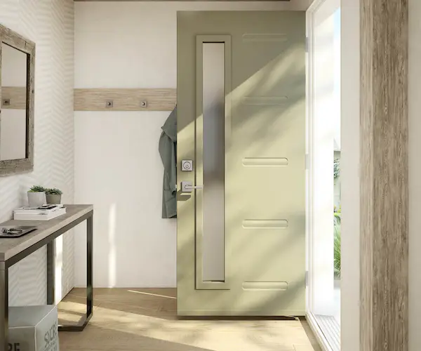High-definition steel entry door in forest green with embossed horizontal panel design on modern Ottawa home exterior