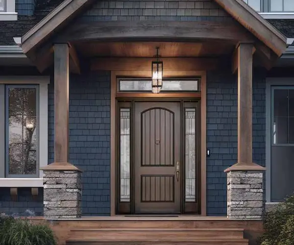 Mahogany wood grain fiberglass entry door with sidelites installed on Ottawa craftsman home
