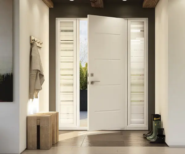 Modern smooth white fiberglass entry door with horizontal lines open inward showing bright Ottawa foyer