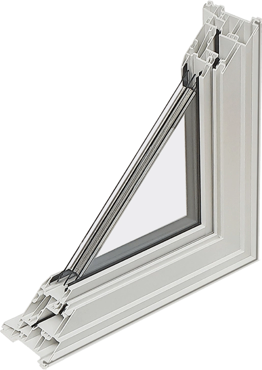Cross-section cutaway of a Stage vinyl window corner showing multi-chamber PVC frame profile, double-pane insulating glass unit with Low-E coating, argon gas fill space between panes, and warm-edge spacer bar