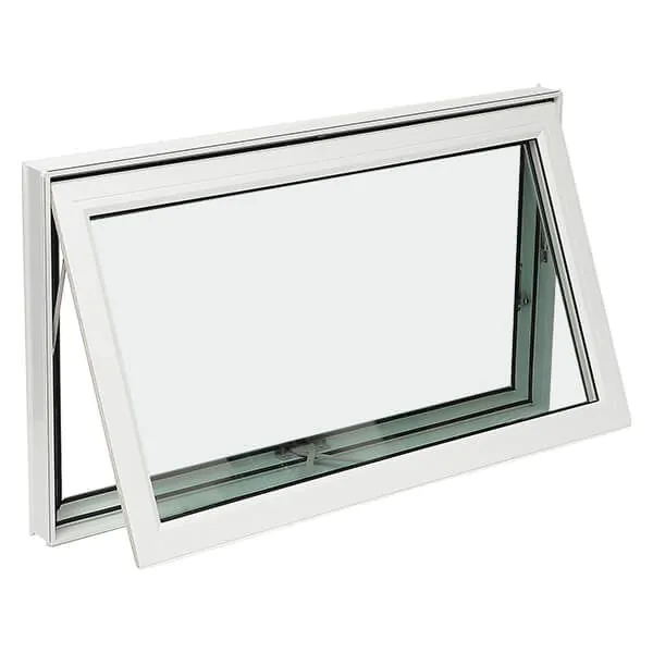 White vinyl awning window propped open at the bottom showing top-hinge mechanism and energy-efficient double-pane glass