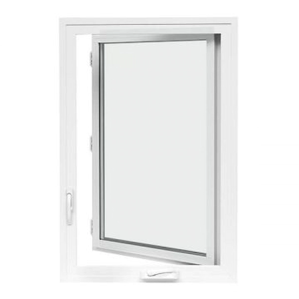 White vinyl casement window with crank handle, sash swung open outward showing multi-point lock hardware and slim profile frame