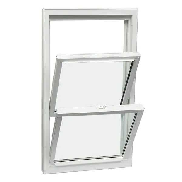 White vinyl double hung window with lower sash tilted fully inward showing tilt-wash cleaning position and balanced sash system