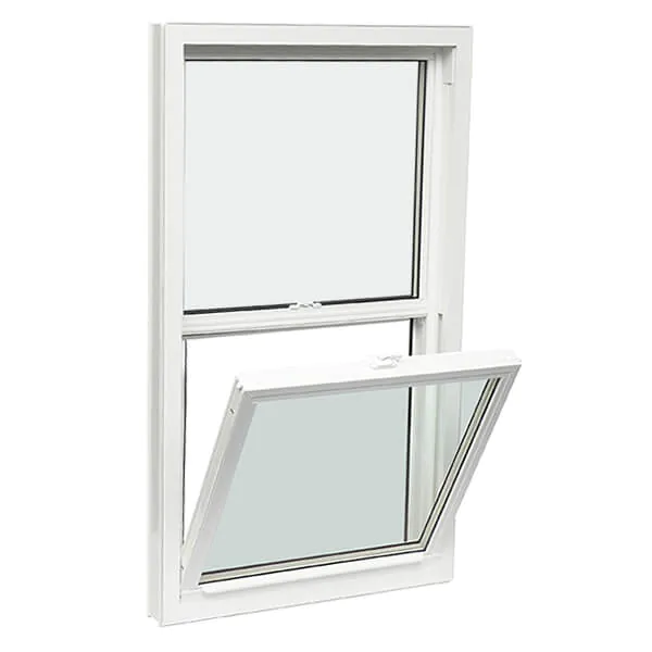 White vinyl single hung window with bottom sash tilted inward at cleaning position showing tilt latch mechanism